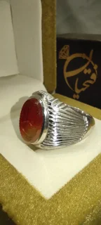 🔴 انگشتر نقره مردانه با نگین عقیق یمنی خطی (یا زهرا)